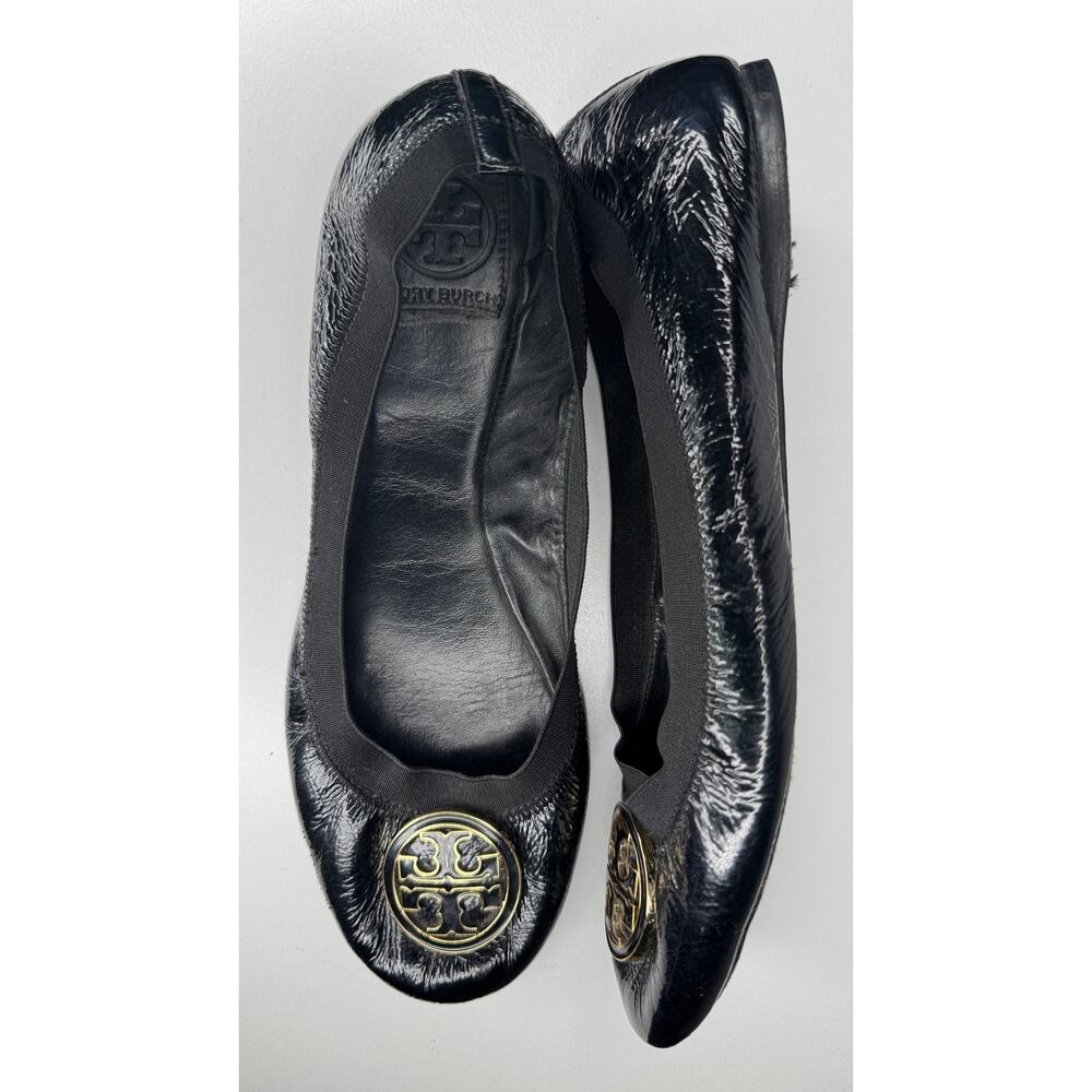 1990s Tory Burch Minnie Travel Ballet Flats Black Patent Crackle 10.5M